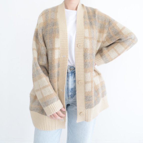 OAK + FORT Sweaters - Oak + Fort Cream Tan Grey Checker  Button Up Cardigan M